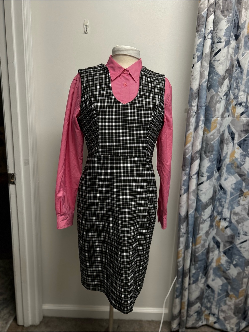 Nina Leonard Black & White Plaid Pinafore Dress (Pink Blouse not included)